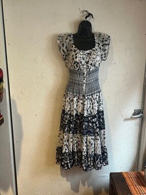 Mlle Gabrielle Navy Blue & White Floral Smocked Midi Dress.